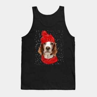 Welsh Springer Spaniel Wearing Red Hat And Scarf Christmas Tank Top